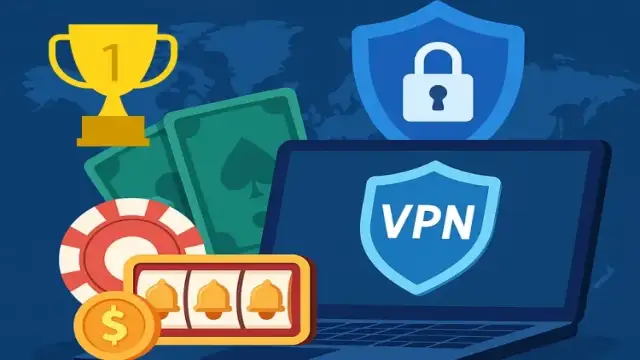 Illustration d’un ordinateur avec un VPN, des jetons de casino, des billets et une machine à sous représentant les meilleurs VPN pour jouer aux casinos en ligne en 2025