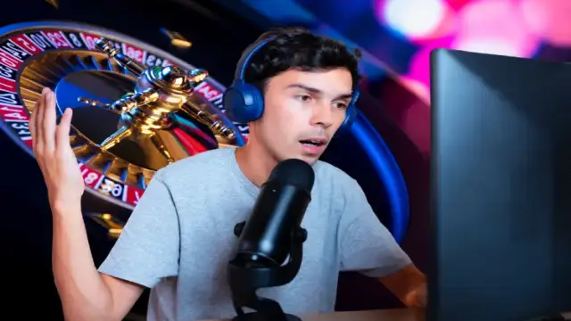 Streamer jouant en direct à un jeu de casino en ligne avec une roulette en arrière-plan