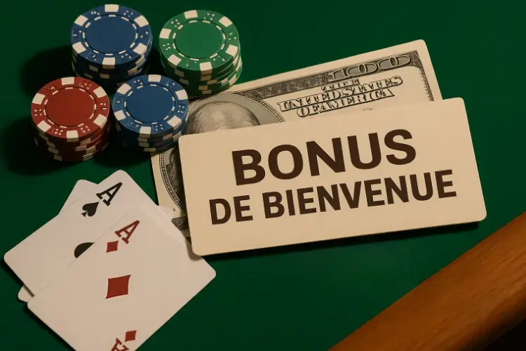 Cards, poker chips and 100 dollar bill illustrating a welcome bonus in an online casino