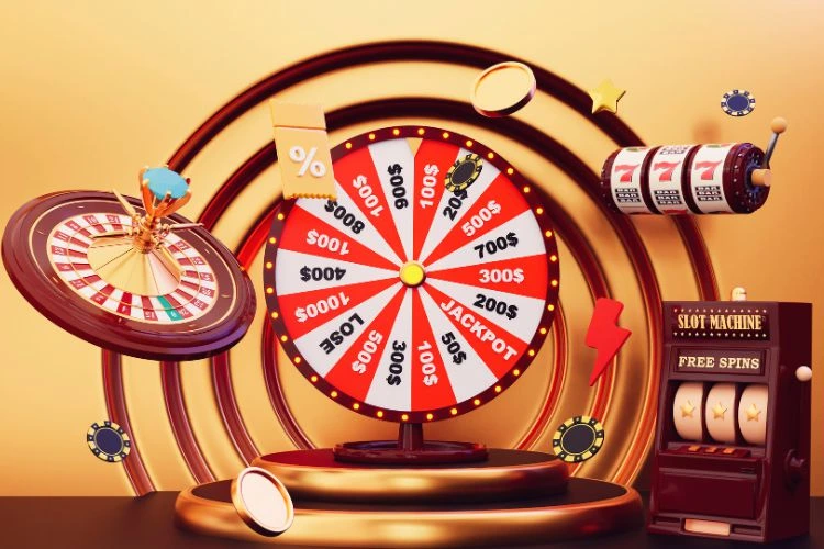 Online casino bonus with jackpot wheel, roulette and slot machine offering free spins