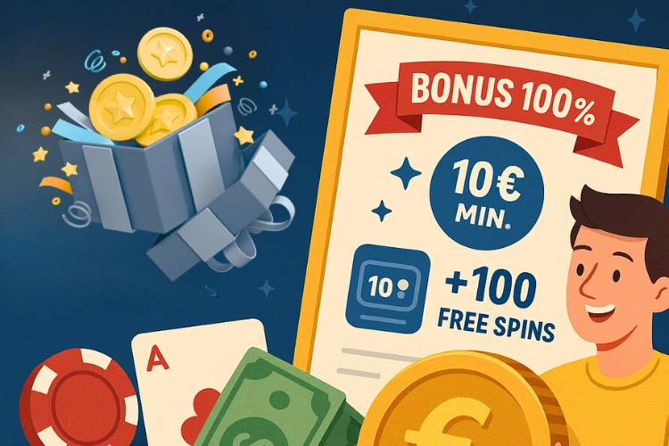 Ilustración que representa un jugador de casino en línea recibiendo un bono después de un pequeño depósito de 10 € o 20 €