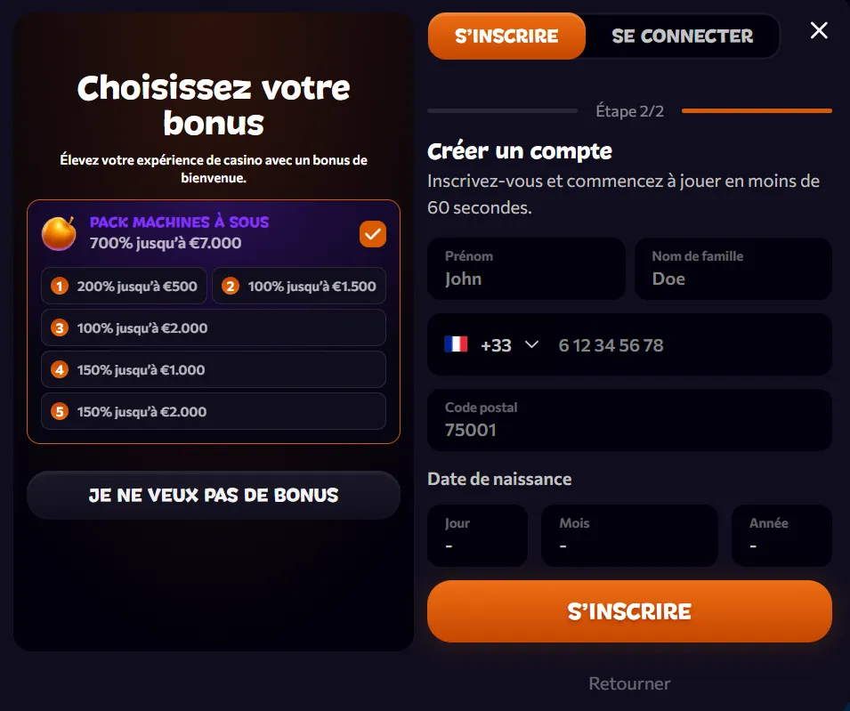 inscription étape 1 aphrodite casino