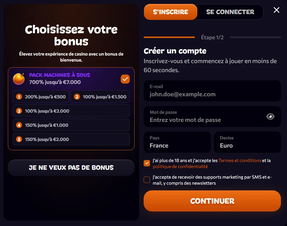 inscription étape 2 aphrodite casino