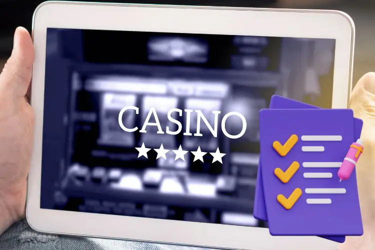 Tablet screen displaying the word "CASINO" with checklist icons – illustration of criteria for choosing a casino without wagering requirements