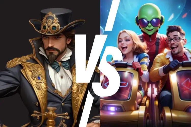 Visual duel between two casino universes: a gentleman in steampunk costume facing a futuristic team with alien and flying cars