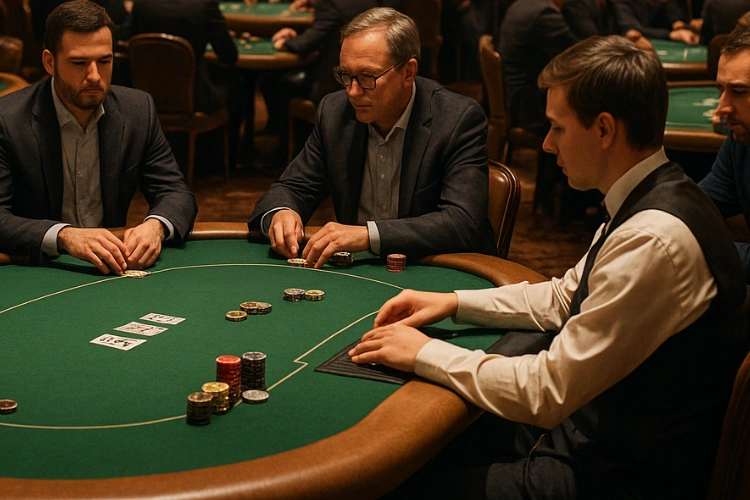 Pokersal i en spillklubb i Paris, med grønne bord, konsentrerte spillere og elegant atmosfære