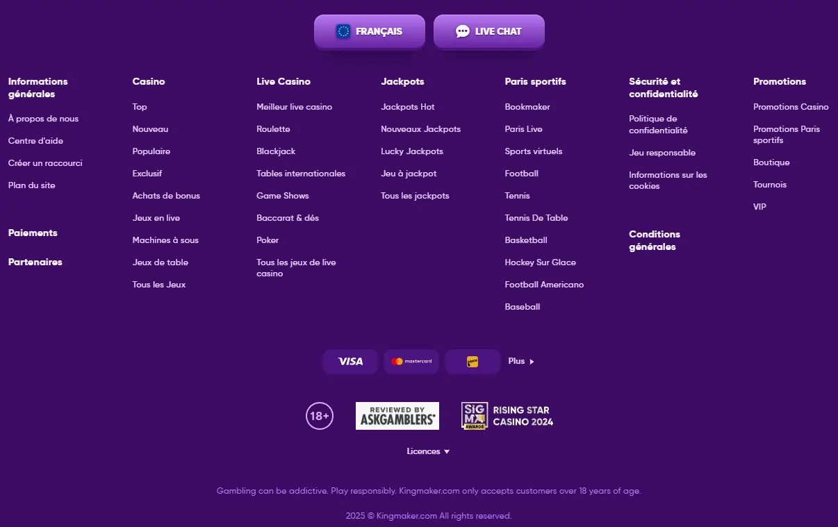 Kingmaker Casino website footer with links to sections, legal notices and payment logos