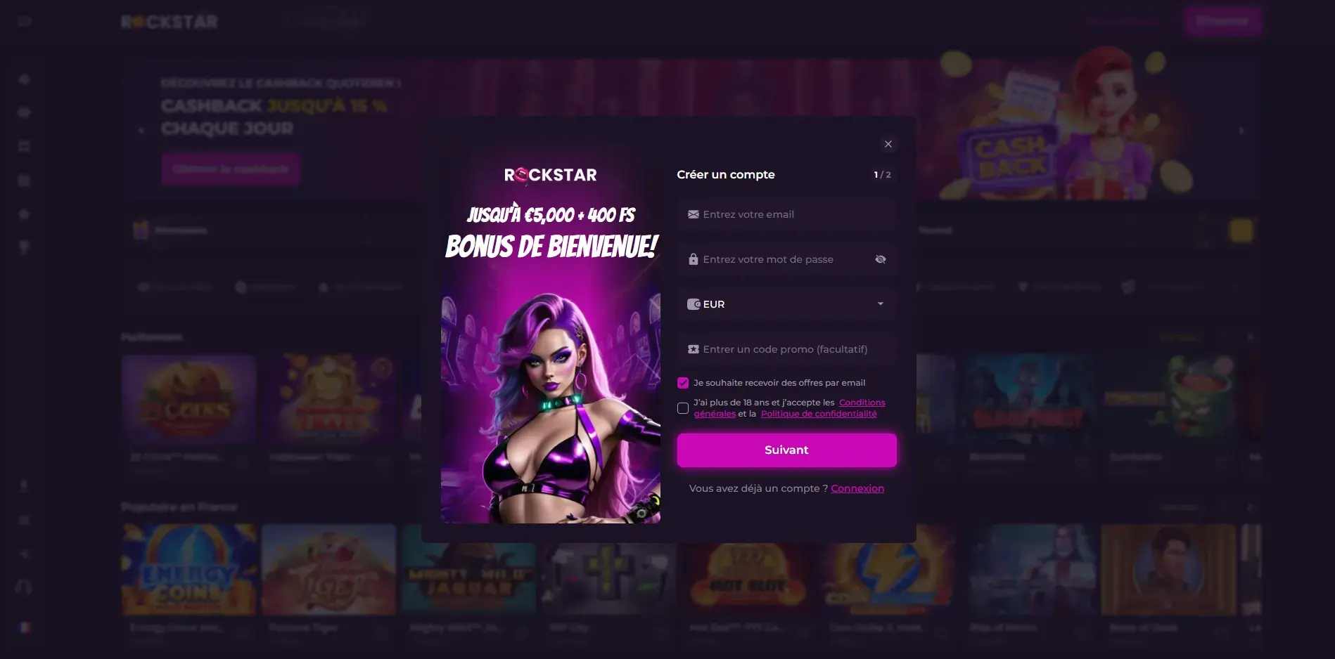 formulaire d'inscription etape 1 de rockstar casino