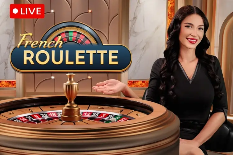 Dealer hosting a live French Roulette game with roulette wheel and game logo