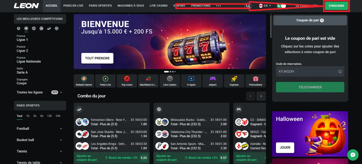 boutton register leon casino