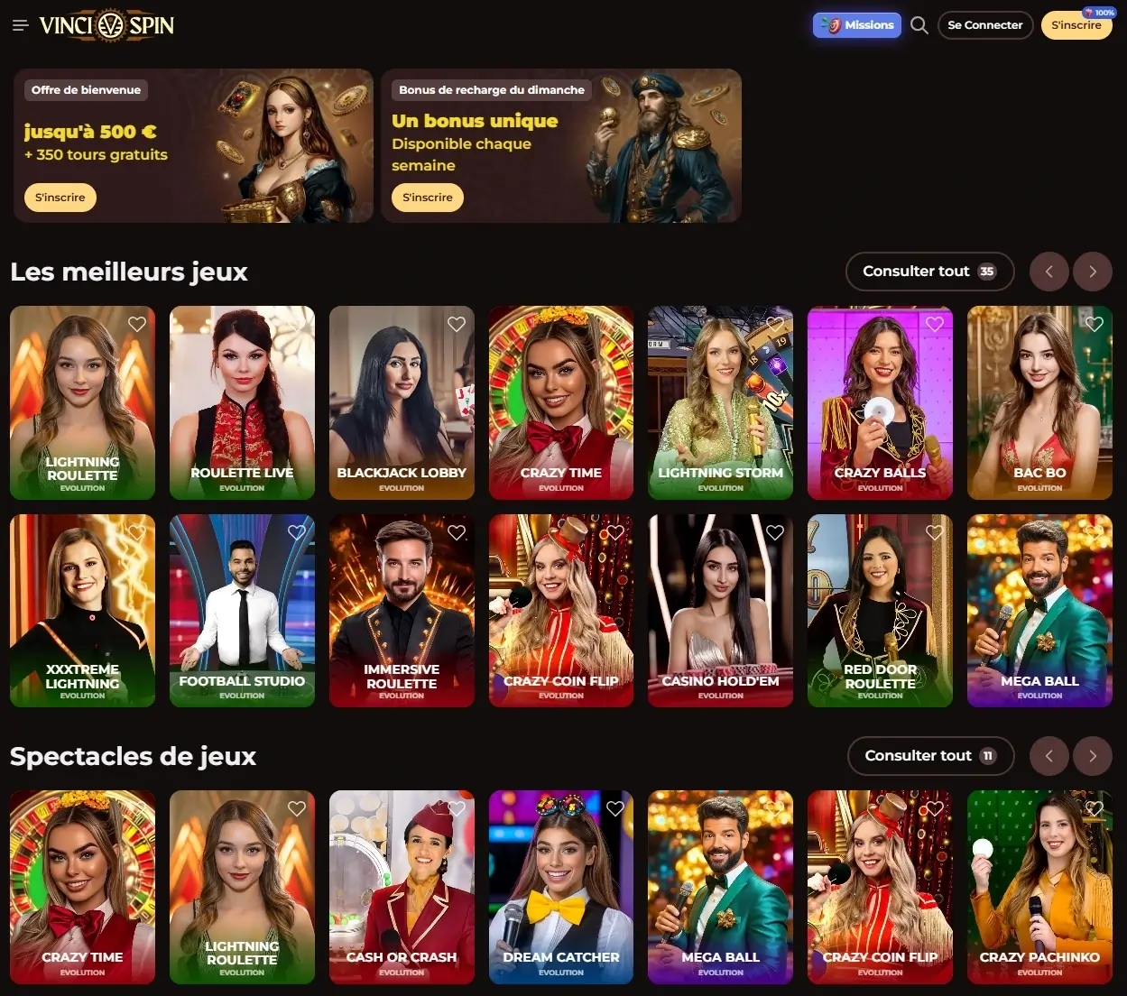 Vinci Spin interface presenting the best live casino games with dealers: roulette, blackjack, Crazy Time, Mega Ball and other live shows
