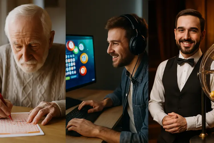 Illustration of the three types of Keno with a paper player, an online player and a live dealer