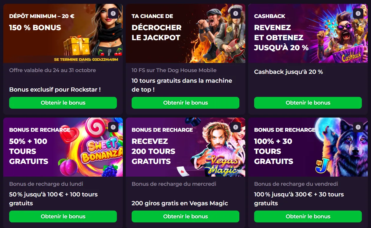 lite de tout les bonus sur rockstar casinos