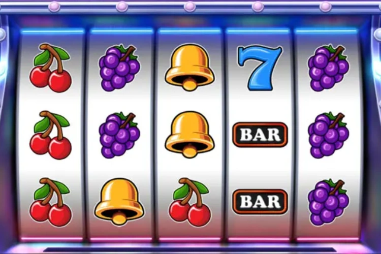 Reels of a slot machine displaying symbols of cherries, grapes, bells, BAR and number 7