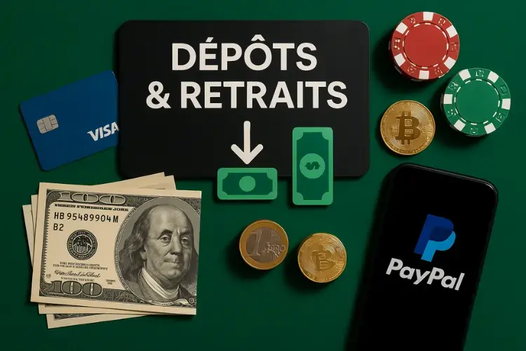 Bank cards, bills, cryptocurrencies, PayPal and tokens illustrating the means of deposit and withdrawal in an online casino