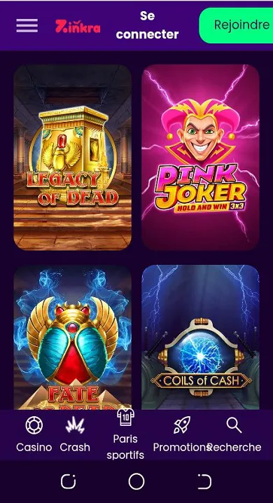 mobile interface zinkra casino