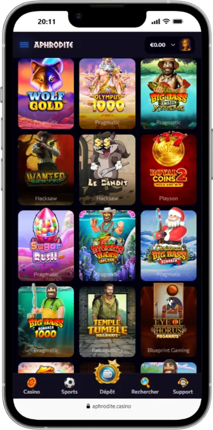 interface mobile de aphrodite casino