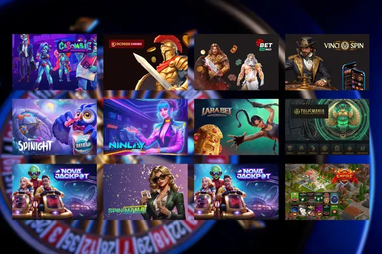 Montage of illustrations of popular online casinos accepting bank cards, e-wallets or cryptocurrencies