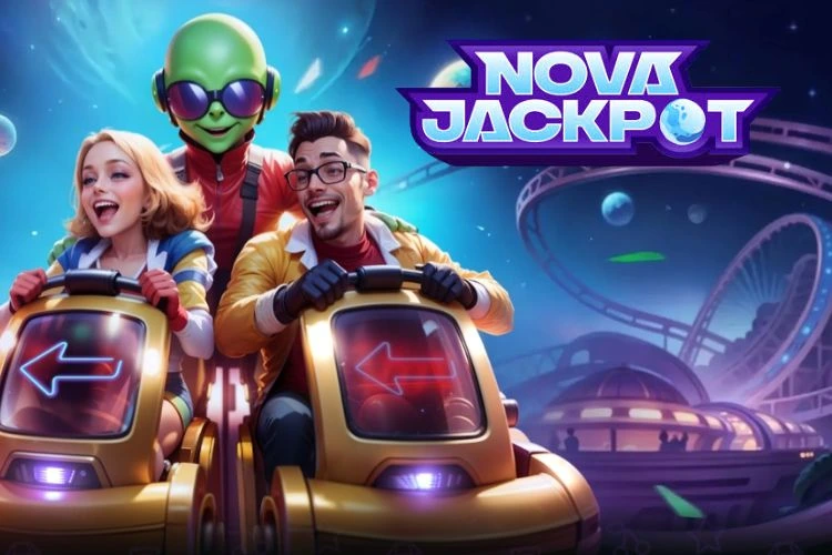 Two players and an alien on futuristic cars illustrating the playful universe of NovaJackpot, the online casino