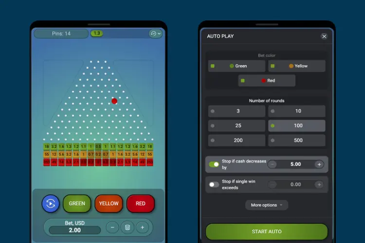 Screenshot of the Plinko game on mobile showing the game interface and automatic bet options
