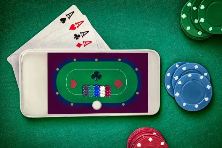 Online poker on mobile with four aces and casino chips, illustration of a smartphone game