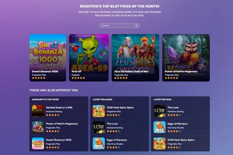 Selection of the best slot machines of the month on Roshtein.com with Sweet Bonanza, Area 69, Zeus vs Hades and Power of Merlin