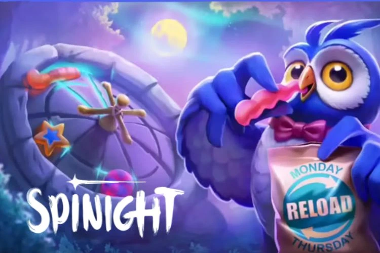 Playful interface of Spinight with owl mascot and Monday reload bonus